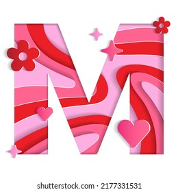 M Alphabet Valentines Day Love Abstract Character Font Letter Paper Lively Flower Heart Sparkle Shine Red Pink Mountain Geography Contour Map 3D Layer Paper Cutout Card Web Banner Vector Illustration