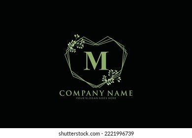M Beauty vector initial logo, floral letters with flowers leaves and splatters isolated on white and black background. Vector illustration for wedding, greeting cards, invitations template design