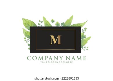 M Beauty vector initial logo, Golden floral letters with flowers leaves and gold splatters isolated on white background. Vector illustration for wedding, greeting cards, invitations template design