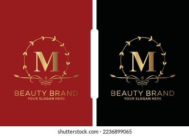 M Beauty vector initial logo, Golden floral letters with flowers leaves and gold splatters isolated on white background. Vector illustration for wedding, greeting cards, invitations template design