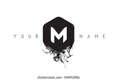 M Black Ink Letter Logo Design with Rounded Hexagon Vector. 