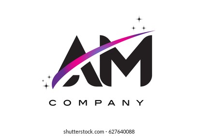 AM A M Black Letter Logo Design with Purple Magenta Swoosh and Stars.