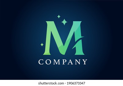 M logotipo de letra del alfabeto de gradiente verde azul para negocios. Identidad corporativa creativa y letras. Diseño de marca de empresa con estrellas