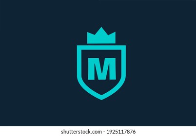 M blue shield alphabet logo icon for company with letter. Creative design for corporate and business with king crown