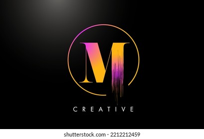 M Brush Stroke Letter Logo Design. Orange Purple Paint Logo Leters Icon with Elegant Circle Vector Design.