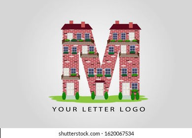 M building letter vector illustration.  House letter with windows, balcony, doors, roof, bricks, chimneys and flowers for logo, label, cover, brochure, card, real estate agency or web page design.