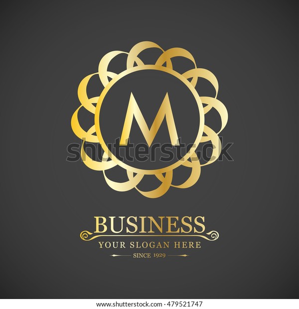 M Business slogan. classic art\
deco luxury linear monochrome golden minimal hipster geometric\
vintage vector monogram, frame , border , label for your logo\
badge