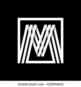 M capital letter made of of three white stripes enclosed in a square. . Overlapping with shadows monogram, logo, emblem. Trendy design.