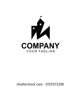 M castle logo. Initial symbol m in the castle. Cathedral sign design. Simple brand logotype. Tower emblem isolated in white background. Letter m case logo