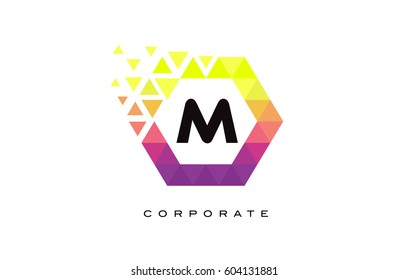 M Colorful Hexagon Shaped Letter Logo Design with Rainbow Mosaic Pattern.