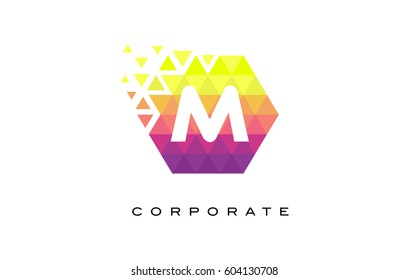M Colorful Hexagonal Letter Logo Design with Mosaic Rainbow Pattern.