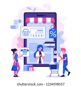 M commerce concept with people shopping on smartphone. Online mobile shopping scene with man and woman making purchases on internet. E-commerce advertising illustration.