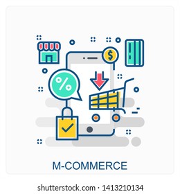 M Commerce, Mobile, Payment Icon Concept