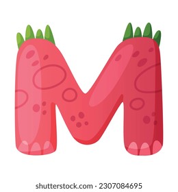 M consonant letter dino font. Dinosaur alphabet, cute dino effect red letter sign, abc for kids, nursery, birthday party design cartoon vector illustration