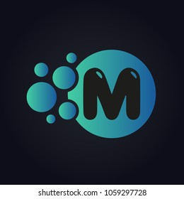 M Dots Letter Logo. Blue Circle. Design Vector Illustration with Bubble Abstract.