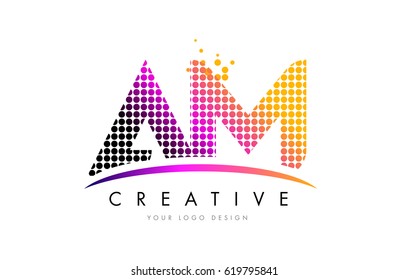 AM A M Dots Letter Logo Design with Magenta Bubble Circles and Swoosh