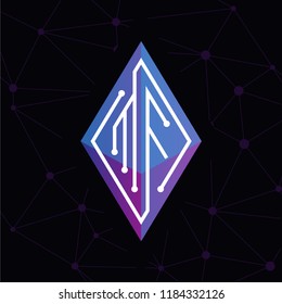 M F Initial letter block chain logo icon vector template. Looping mono line circuit letter on rhombus cube logo
