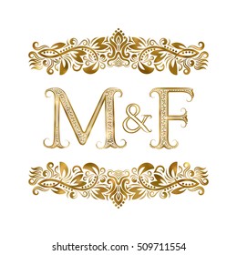 M and F vintage initials logo symbol. The letters are surrounded by ornamental elements. Wedding or business partners monogram in royal style.