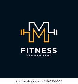 M fitness logo logo with Kettlebell fitness vector icon design and Barbell Fitness Gym Logo Design.