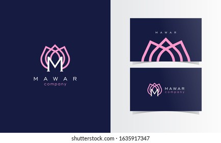 M Flower line Logo mark with business card template design for branding identity