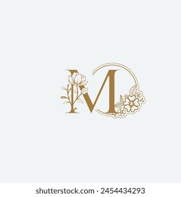 M Flower logo Wedding logo. Elegant monogram. Illustration of wedding monogram logo with flower frame. Print