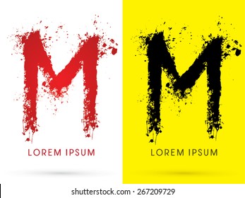 M , font, concept blood and splash, designed using red and black  colors grunge brush, sign ,logo, symbol, icon, graphic, vector.