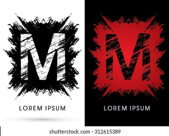 M ,Font, Designed using grunge brush on scratch background, graphic vector.
