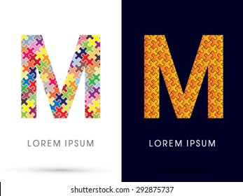 M, Font, designed using Jigsaw puzzle pattern, graphic vector.