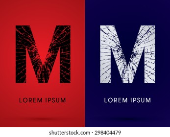 M ,Font , destroy, broken mirror,  broken glass, graphic vector.