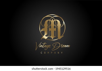 M gold golden alphabet letter logo icon. Vintage design concept for company and business. Corporate identity with black background and retro style