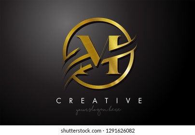 M Golden Letter Logo Design with Circle Swoosh and Gold Metal Texture. Creative Metal Gold M Letter Design Vector Illustration.