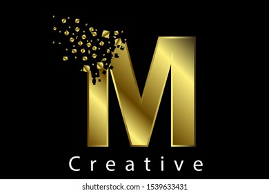 M golden metallic letter with dispersion effect on black background vector illustration. Styled letter design for logo, label, luxury concept, jewelry,  gold business or web page graphic elements.