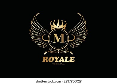 M Golden patterned letters and initial monogram in coat of arms form with crown. Royal font and elements kit for logo design.