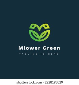 M green flower, monogram letter m and flower using green gradient color.