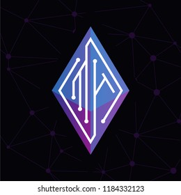 M H Initial letter block chain logo icon vector template. Looping mono line circuit letter on rhombus cube logo