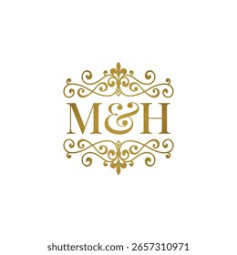 M and H initials logo ornament gold. Perfect for wedding or business partner symbol