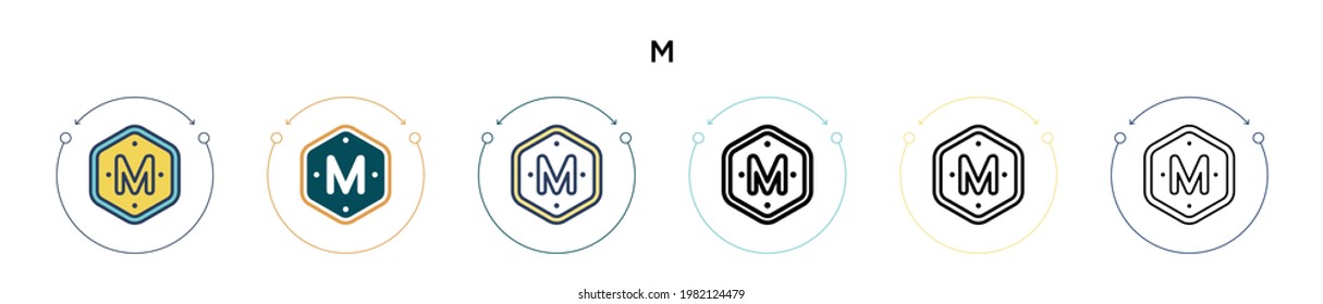 M icon in filled, thin line, outline and stroke style. Vector illustration of two colored and black m vector icons designs can be used for mobile, ui, web