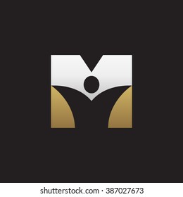 M initial alphabet letter logo with negative space swoosh man, silver gold black background