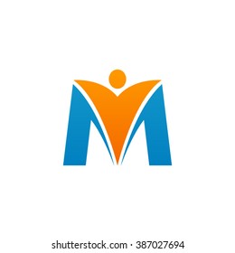M Initial Alphabet Buchstaben Logo mit Swoosh Mann, orange blau
