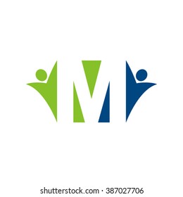 M initial alphabet letter logo with teamwork swoosh man, green blue