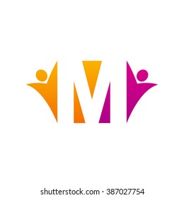 M initial alphabet letter logo with teamwork swoosh man, orange purple