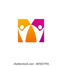 M initial alphabet letter logo with holding hands swoosh man, orange purple