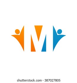 M initial alphabet letter logo with teamwork swoosh man, orange blue