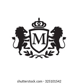 M initial business, clean luxury crest logo with lions