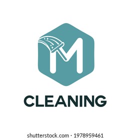 M Initial Letter Cleaning Service Simple Flat Modern Logo with Broom, Brush icon. Housecleaning, Maintenance Home Repair Business Brand. Home Clean Up Retail company 