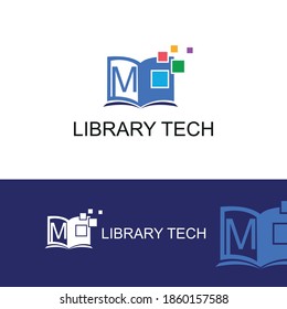 M Initial letter digital book/e book with colorful pixel technology. For electronic book, digital library and technology logo concept