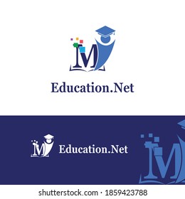 M Initial letter for Education/Academy Technology with Toga hat cap and children
