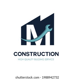 M Initial Letter for Flat Minimalist Modern Construction Logo Design. Simple renovation business logo with wrench equipment tool. Building repair and maintenance brand