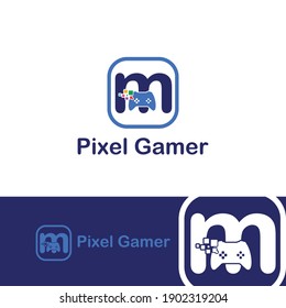 m initial letter with game console icon and pixel for gaming logo concept. game startup application