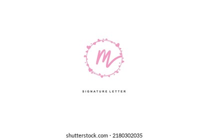 M Initial letter handwriting and  signature logo. A concept with heart template element.